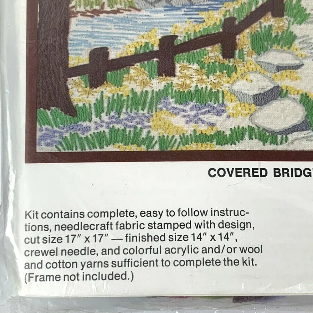 Vtg Crewel Kit Red Covered Bridge Picture Pillow Top Family Circle D302 14x14